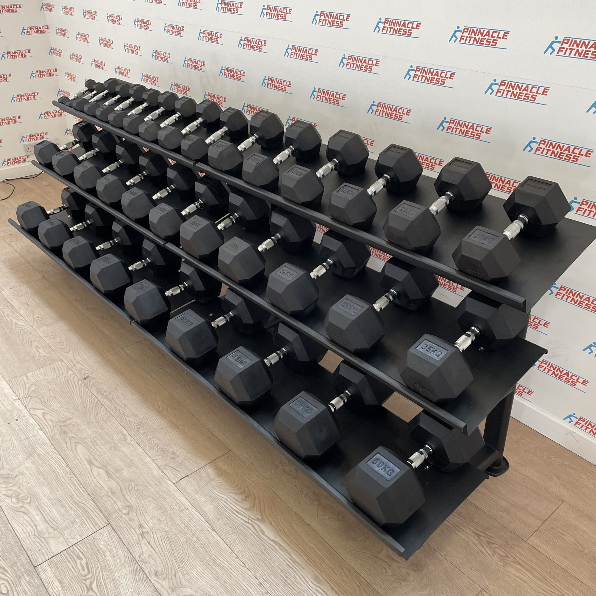 Hex Rubber Dumbbell Set 2.5kg to 50kg with Rack Pinnacle Fitness