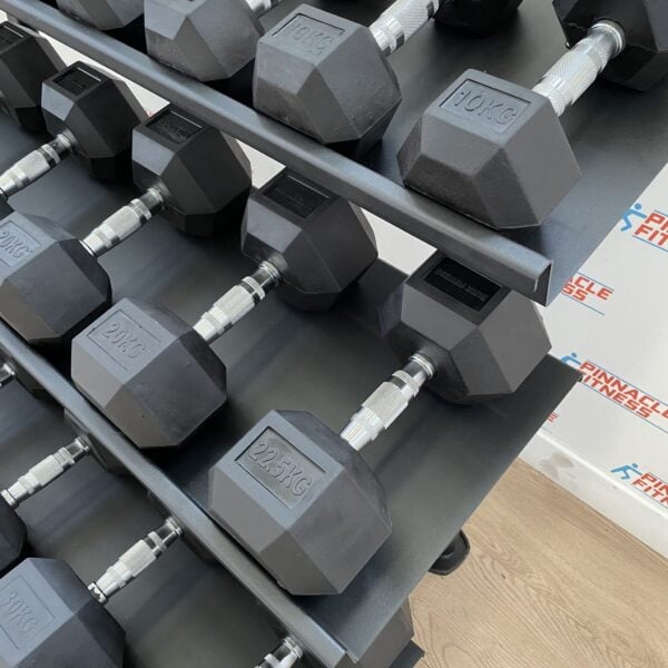 Hex Rubber Dumbbell Set (2.5kg to 30kg) with Rack - Image 6