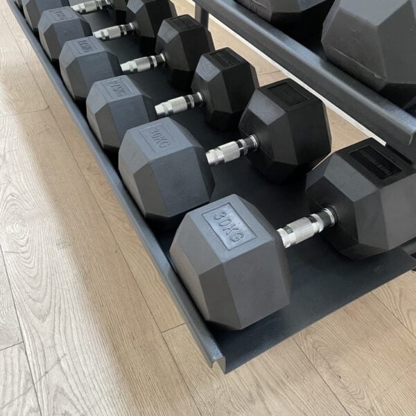 Hex Rubber Dumbbell Set (2.5kg to 30kg) with Rack - Image 4