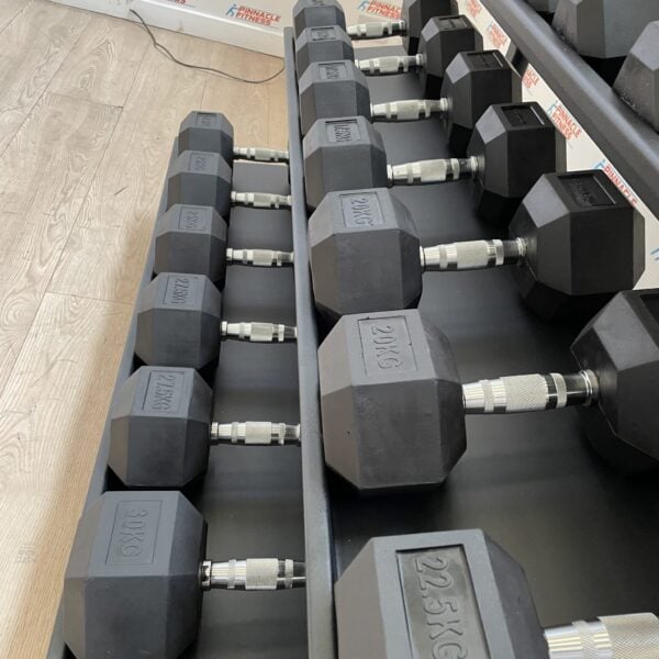 Hex Rubber Dumbbell Set (2.5kg to 30kg) with Rack - Image 5