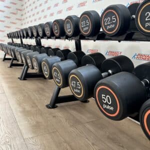 PULSE FITNESS – 2.5–50KG (BLACK) POLYURETHANE DUMBBELL SET WITH RACK