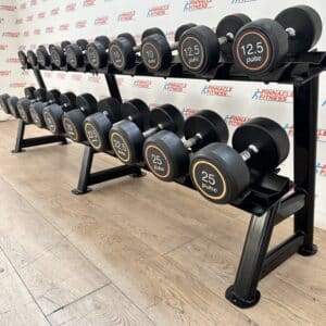 PULSE FITNESS - 2.5–25KG (BLACK) POLYURETHANE COVERED DUMBBELL SET WITH RACK